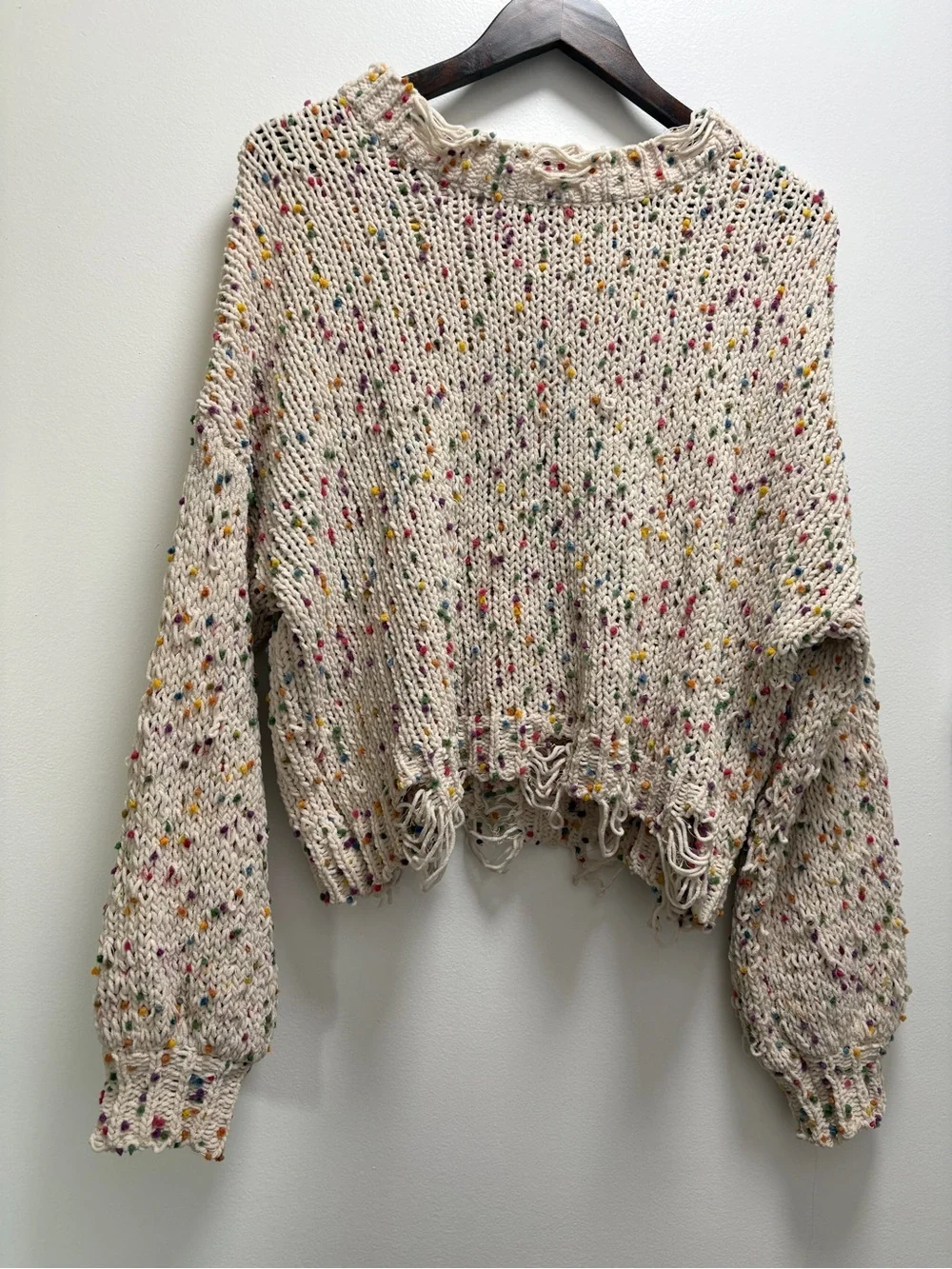 POL Cream Speckled Distressed Crewneck Sweater Autumnal Nautical Beach